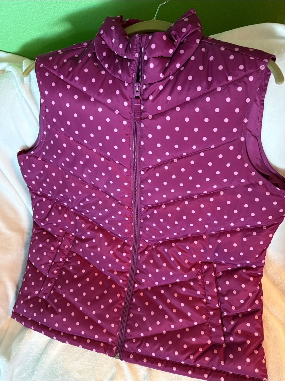 Lands' End Dark Pink Quilted Vest with Light Pink Polka Dots